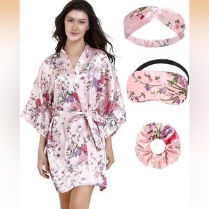 Floral Satin Kimono Robe Set